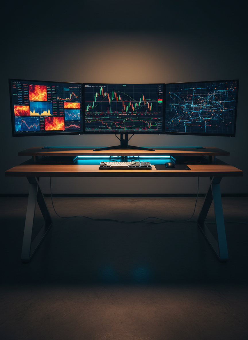 A wide, cinematic view of an ultra-modern trading workstation filled with three curved monitors displaying different cryptocurrency dashboards: one with a detailed bitcoin chart, another with colorful altcoin heatmaps, and the third with blockchain transaction flows as glowing lines. The desk is clean and minimalist, made of light oak with a brushed steel frame, holding only a slim mechanical keyboard and a wireless mouse. Cool blue ambient lighting from LED strips under the desk contrasts with the warm glow of the monitors. Photographic realism, slightly elevated angle with sharp focus throughout, conveying a high-tech, data-driven, professional crypto investment setup.