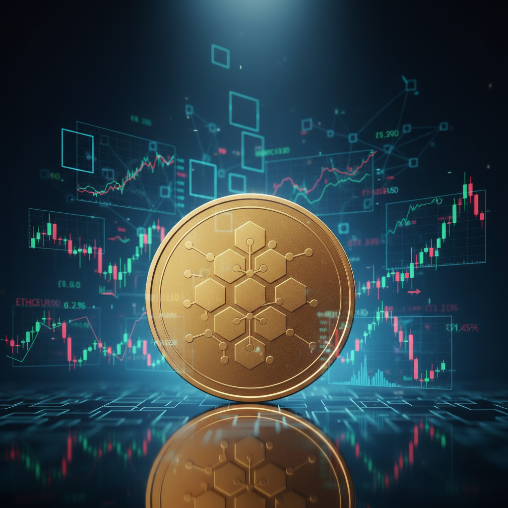 A close-up of a polished gold coin engraved with a stylized blockchain pattern, resting on a reflective glass surface. The coin is surrounded by semi-transparent holographic-style projections of financial graphs, candlestick charts, and crypto market indicators hovering above and around it. The background fades into a dark, deep blue gradient with faint outlines of interconnected blocks, suggesting a blockchain network. Dramatic studio lighting from above creates crisp reflections and a halo effect around the coin’s edges. Photographic realism with a shallow depth of field keeps the coin in razor-sharp focus while softly blurring the abstract financial data behind it, evoking the precision and complexity of crypto investing.