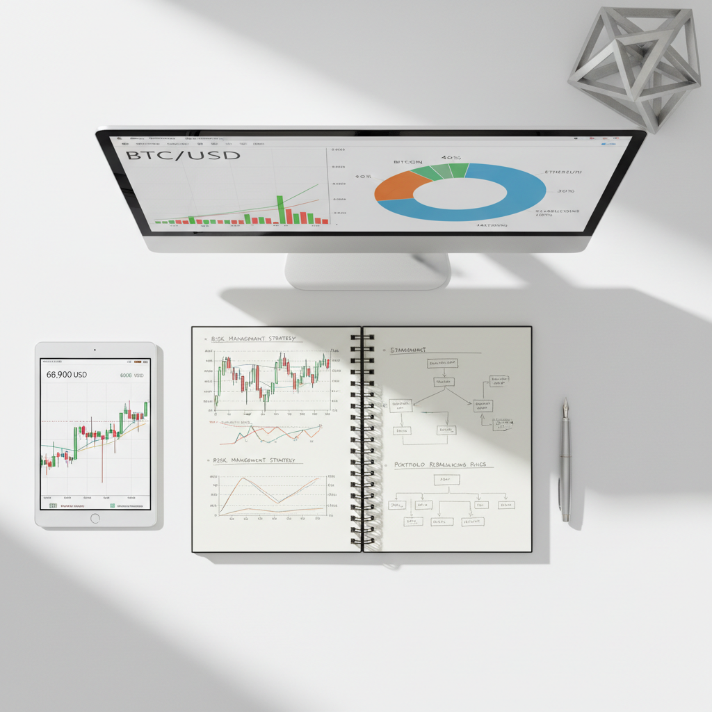 An overhead, bird’s-eye view of a clean white desk featuring an open notebook filled with neatly drawn crypto charts and risk management diagrams, alongside a tablet showing a live bitcoin price chart and a desktop monitor displaying a portfolio allocation pie chart. A metallic pen lies carefully placed next to the notebook, and a small geometric sculpture made of brushed aluminum hints at modern technology. Soft, diffused daylight streams in from an unseen window, casting gentle shadows and maintaining a calm, analytical atmosphere. Photographic realism, balanced composition with clear, sharp details throughout, highlighting the structured, methodical side of crypto research and investment planning.